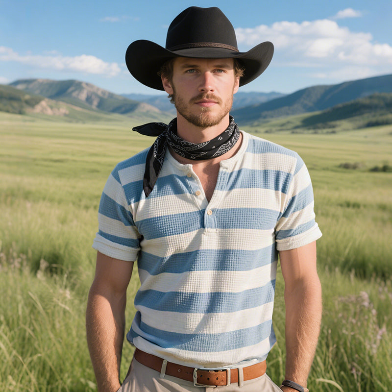 Men'S Retro Casual Western Cowboy Style Striped Print Waffle Henley Collar Short Sleeve T-Shirt MTA1077E3TO