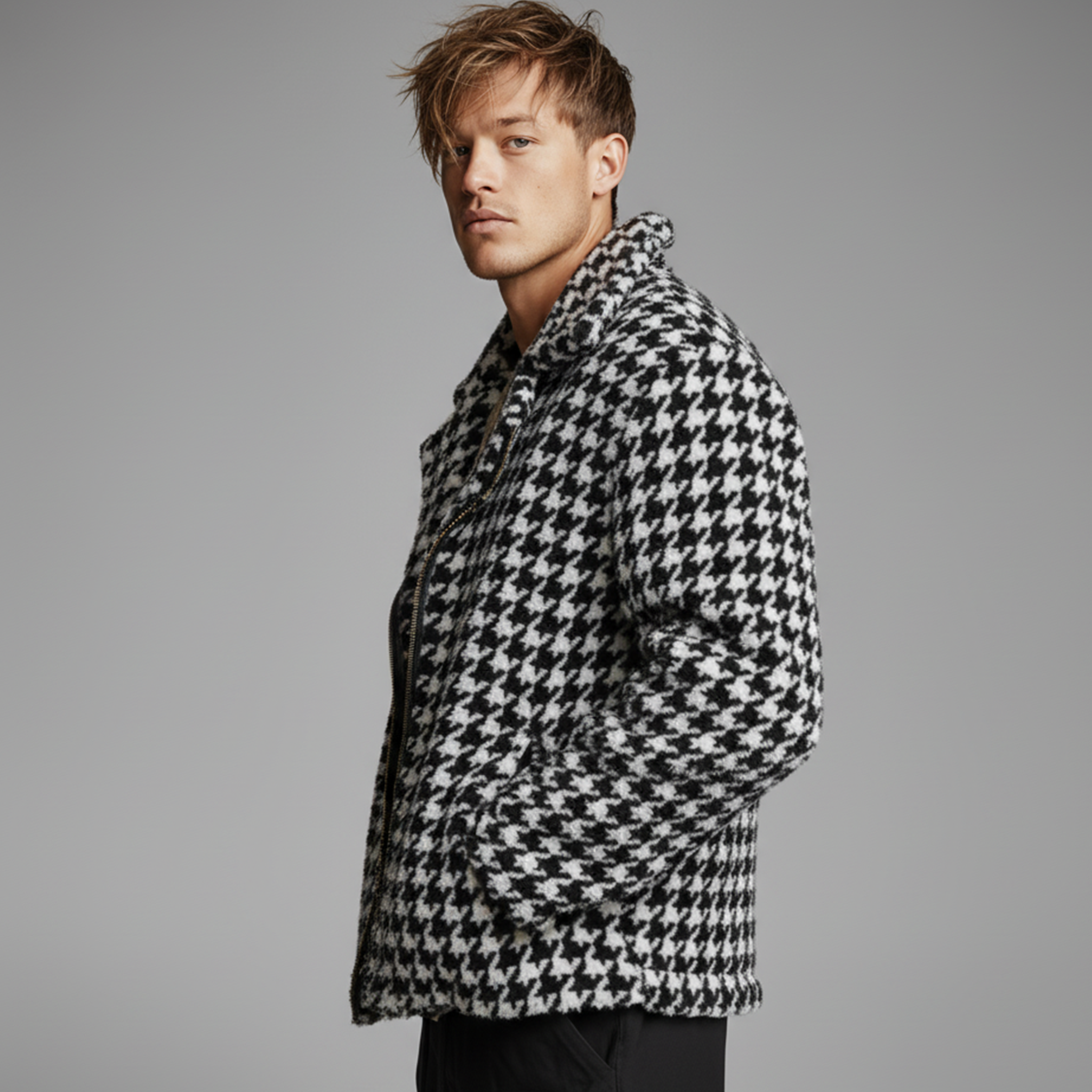 Men's Classic Casual Lapel Zipper Houndstooth Faux Sherpa Jacket MTA2063J0K