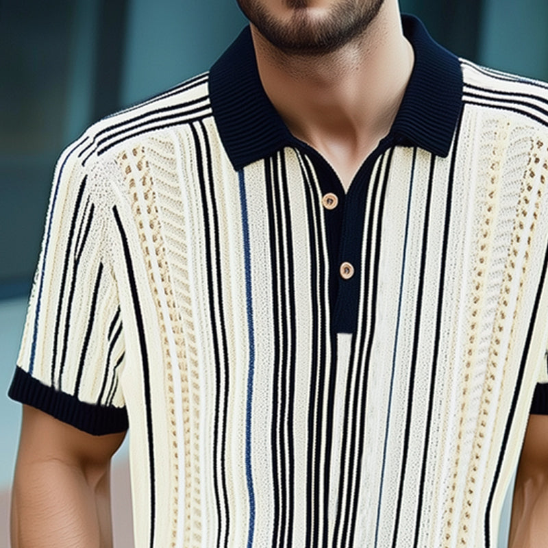 Men's Summer Fashion Breathable Line Knitted POLO Neck T-shirt MTA1445E6U