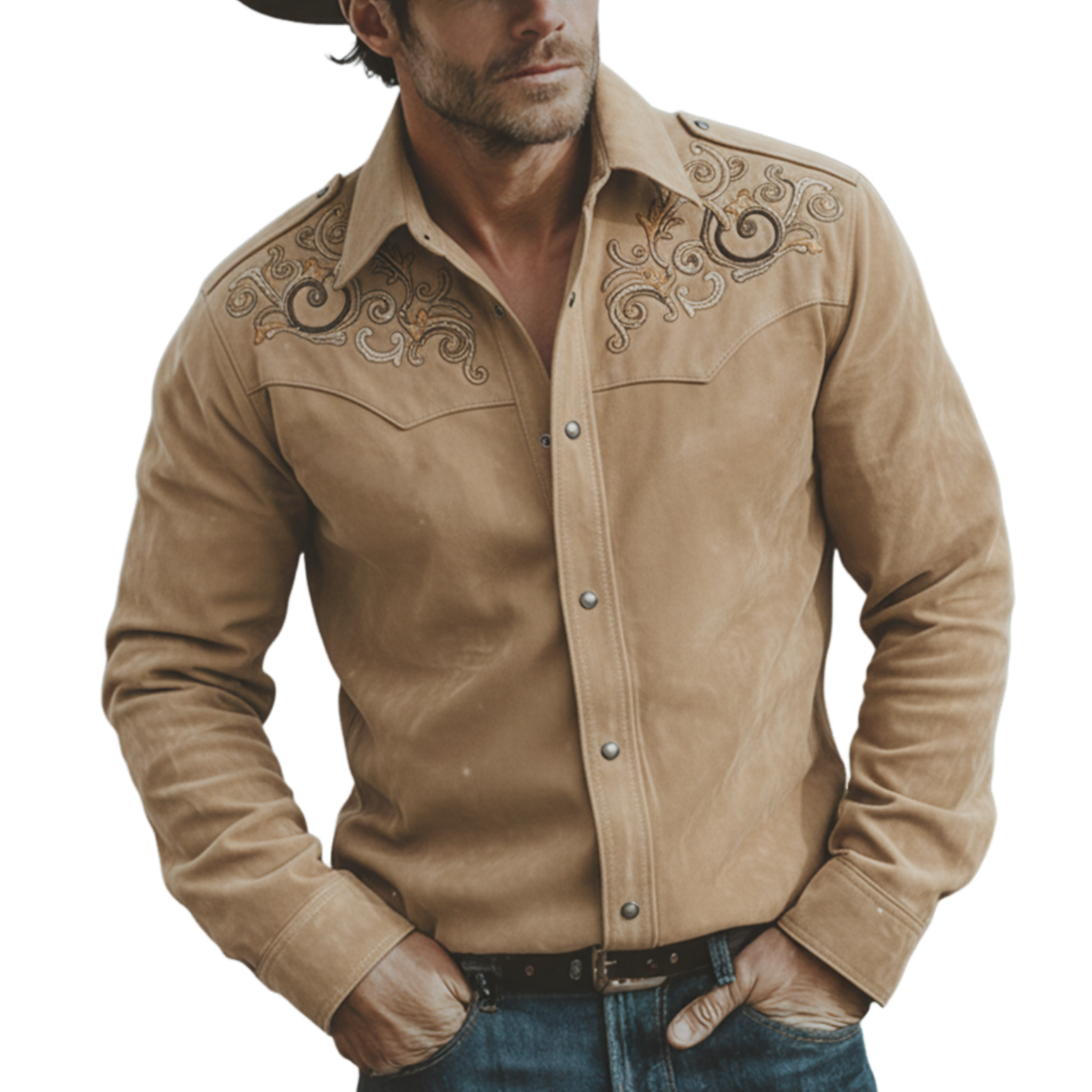 Men's Classic Retro Western Style Embroidered Faux Suede Long-sleeved Shirt MTA1767K4K