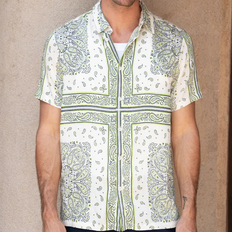 Men's Summer Vintage Tencel Cotton Printed Lapel Short Sleeve Shirt MTA0293G7K