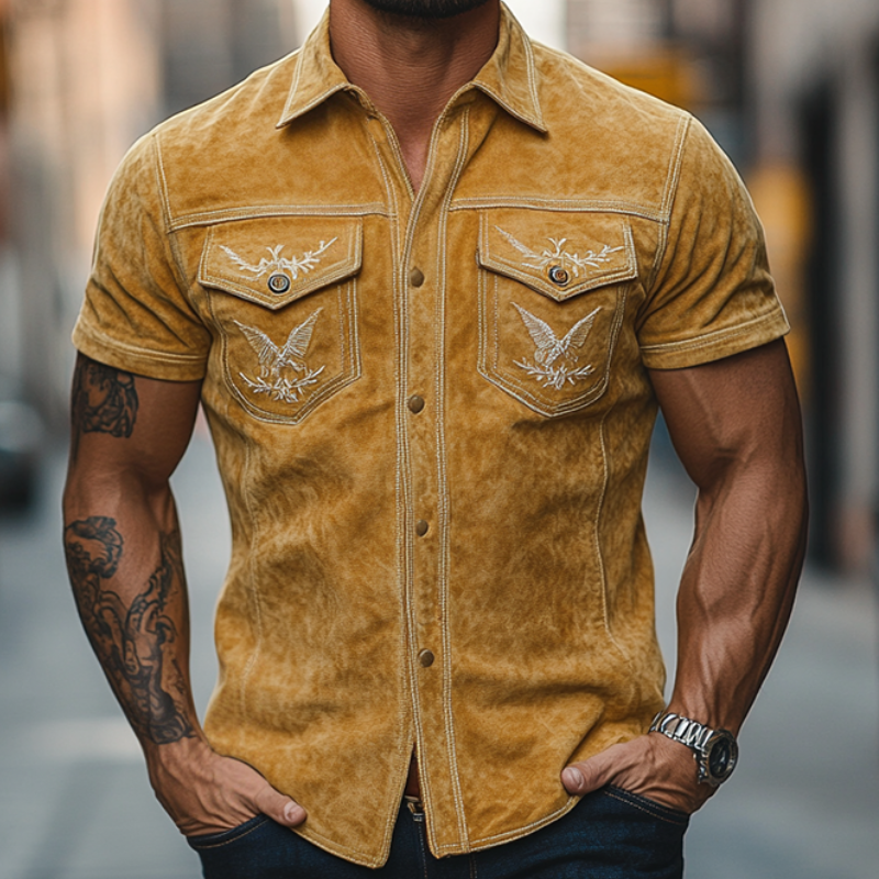 Men's Classic Retro Western Embroidered Slim Fit Suede Short Sleeve Shirt 89659726K