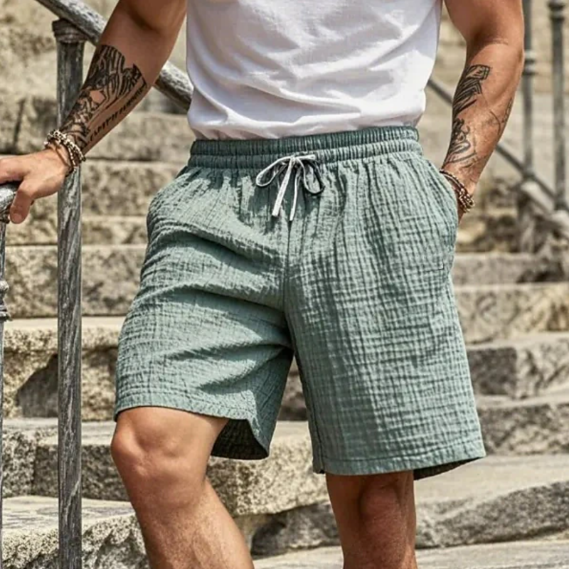 Men's Casual Breathable Cotton Linen Bubble Wrinkle Elastic Waist Loose Vacation Shorts MTA1444E1M
