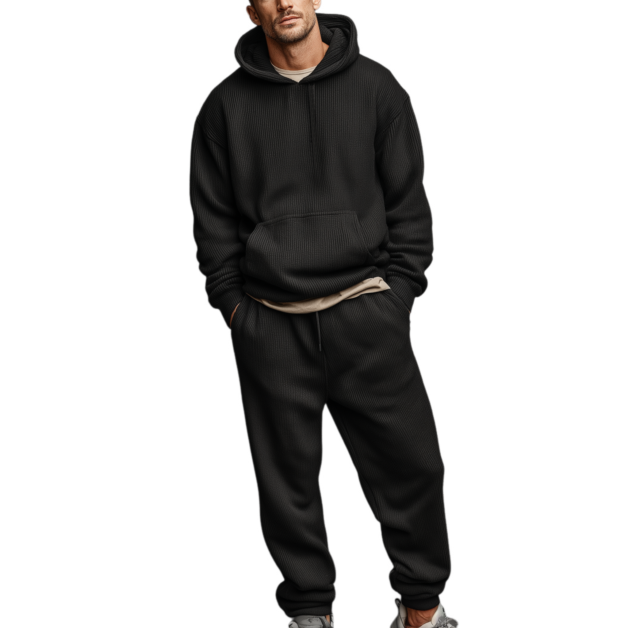 Men's Classic Casual Striped Knit Hooded Sweatshirt Elastic Waist Pants Set MTA1541J0K