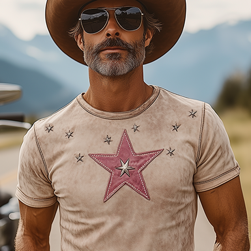 Men's Spring And Summer Fashion Western Tough Style Thin Suede Round Neck Five-pointed Star Patch And Metal Rivet Slim Short-sleeved T-shirt MTA1334F1K