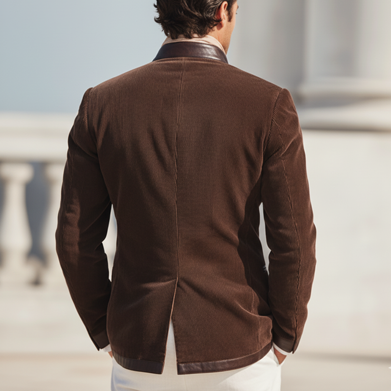 Men's Business Style Stand-collar Corduroy And PU Leather Spliced single-vent Jacket MTA2169K8U