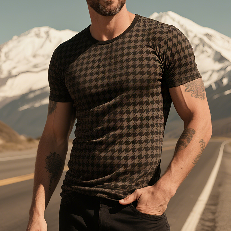 Men's Retro Casual Houndstooth Printed Round Neck Short Sleeve T-Shirt MTA1671G9TO