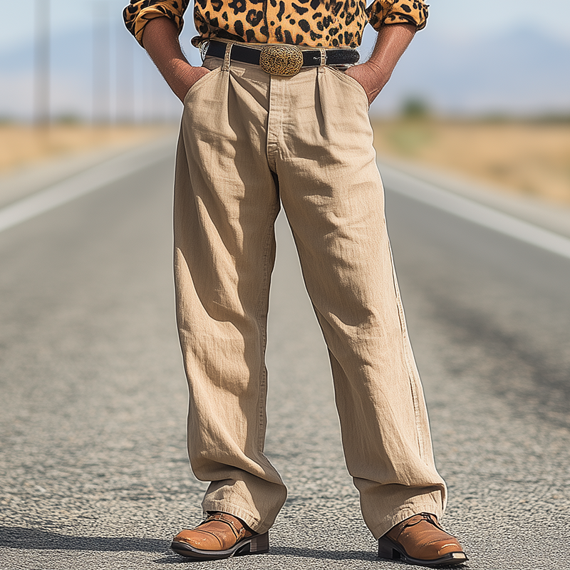 Men's Spring And Summer Fashion Western Cowboy Style Cotton And Linen Washed Loose Casual Pants MTA1676E2K