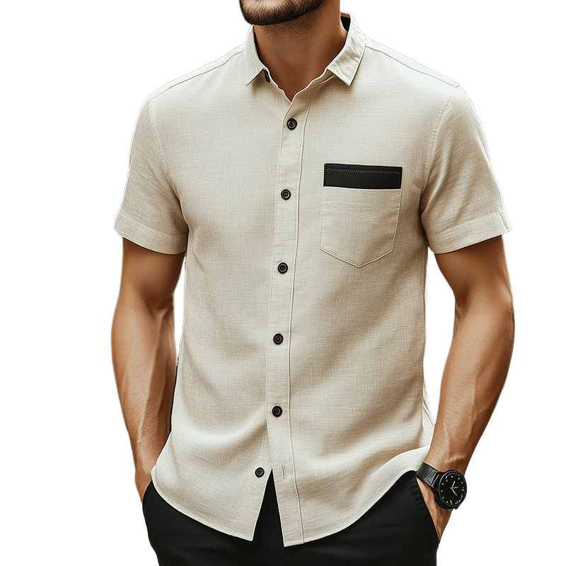 Men's Retro Casual Linen Colorblock Simple Lapel Pocket Short Sleeve Shirt 38224426TO