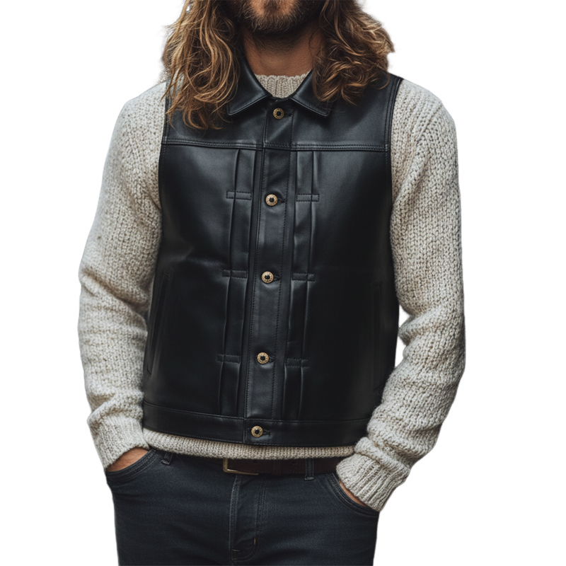 Men's Solid Color Casual Western Cowboy Style Lapel PU Vest MTA0506L3X