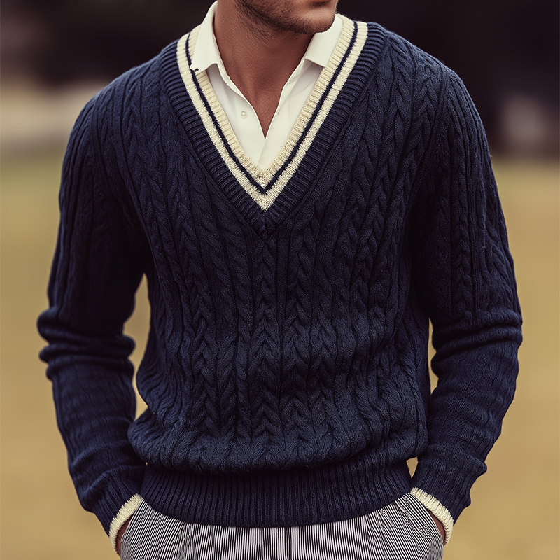 Men's Retro Casual Cable Knitted College Style V-Neck Sweater MTA1898I6TO