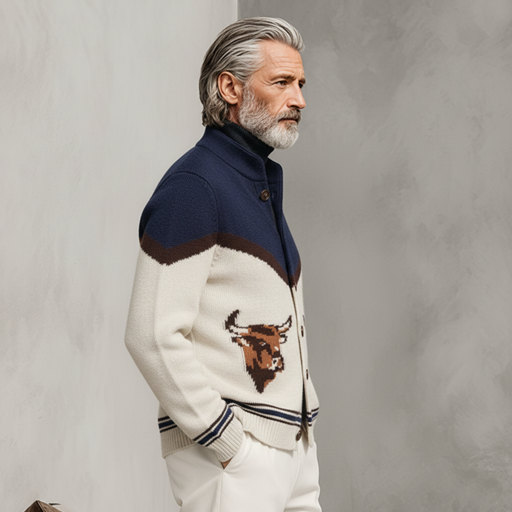 Men's Classic Old-money Style Stand-up Collar Animal Jacquard Knit Cardigan MTA0631K5K