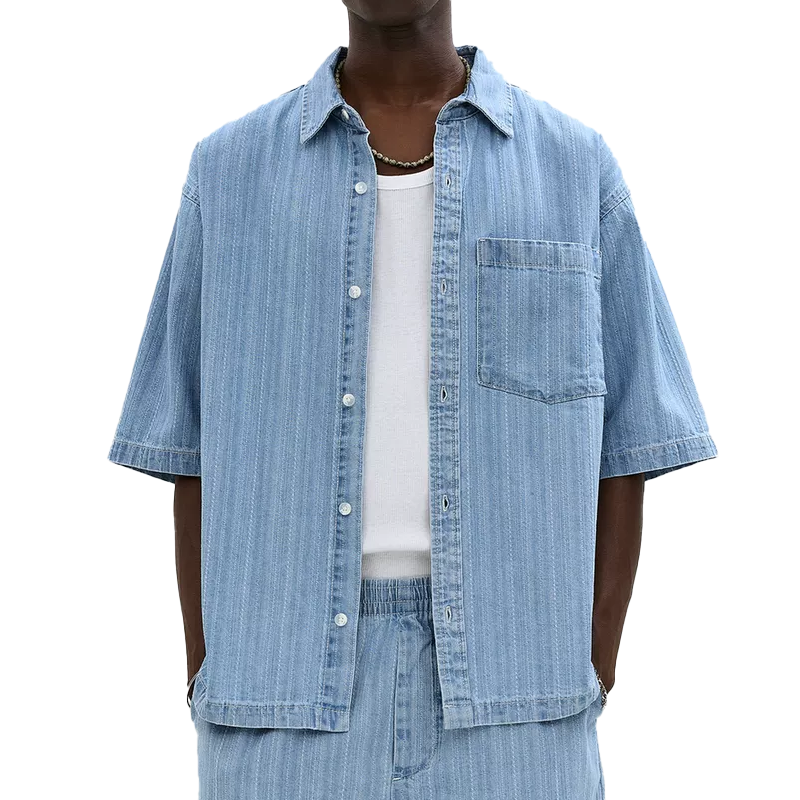 Men's Summer Fashion Denim Jacquard Short Sleeve Shirt MTA0553G1P