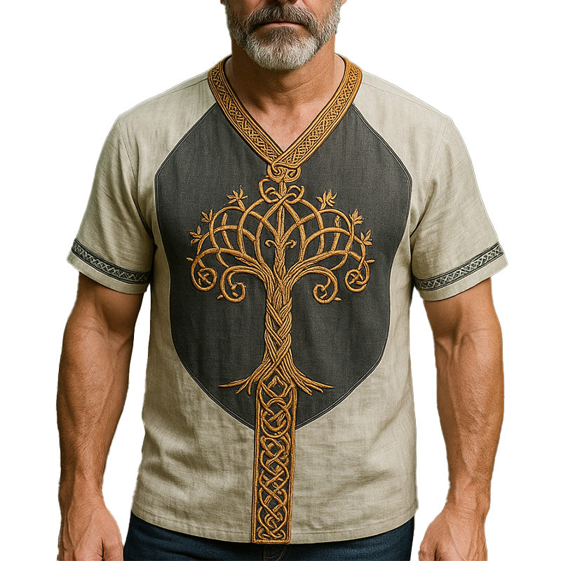 Men's Summer Retro Ethnic Style Embroidered Linen Short Sleeve T-shirt MTA2287E9P