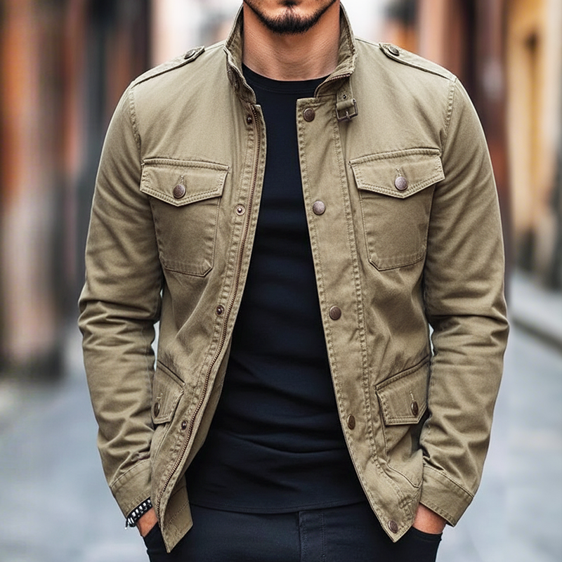 Men's Retro Casual Cotton Washed Wear-resistant Multi-pocket Workwear Stand Collar Jacket MTA2495I9TO