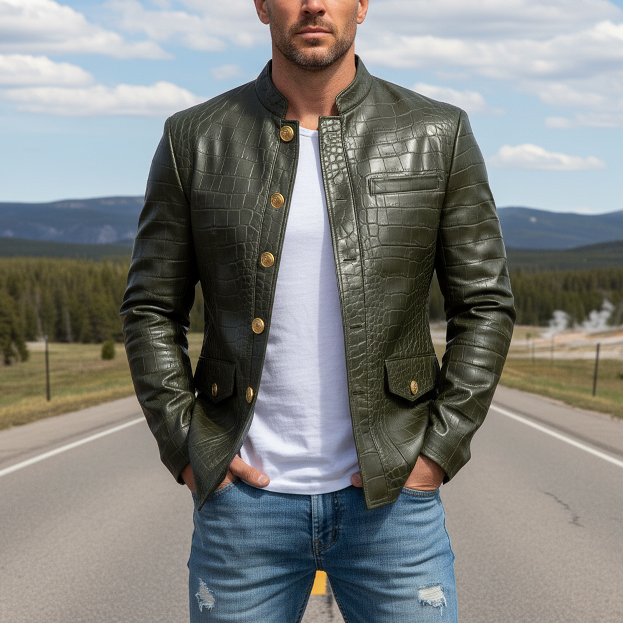 Men's Classic Casual Stand Collar Crocodile Leather Texture PU Leather Slim Fit Jacket MTA1390I2K