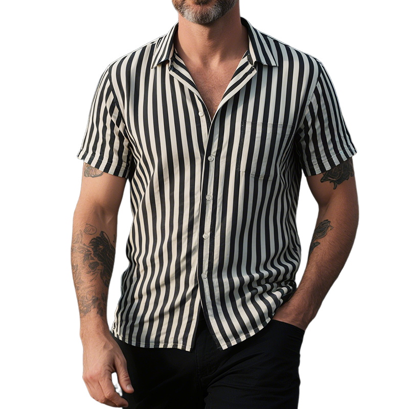 Men's Retro Casual Striped Print Lapel Short Sleeve Shirt MTA1695G6TO