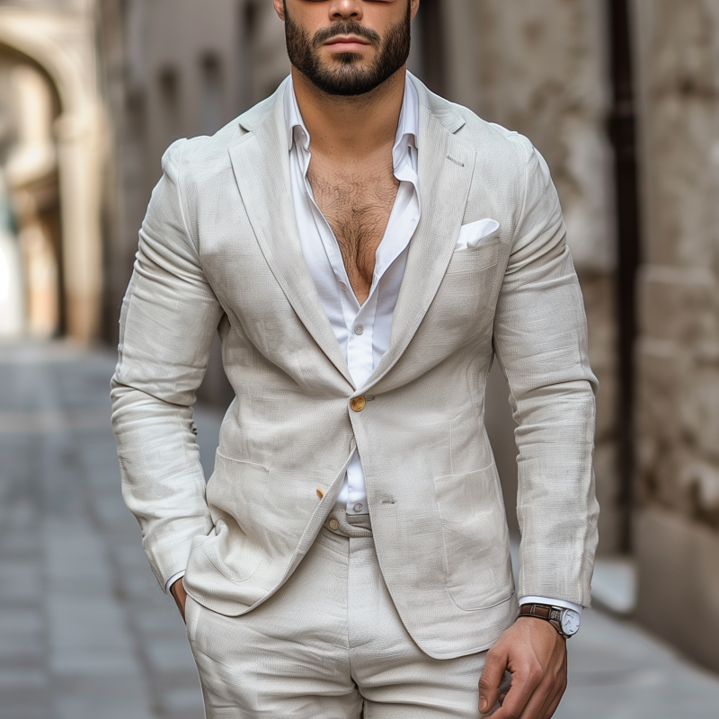 Men's Casual Solid Color Breathable Linen Notch Lapel Single-breasted Slim-fit Blazer MTA1784G7M
