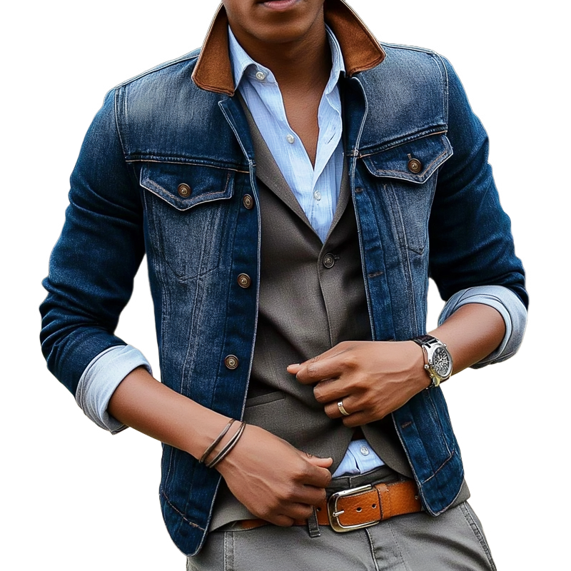 Men's Classic Washed Blue Colorblock Collar Denim Jacket MTA2980H2U