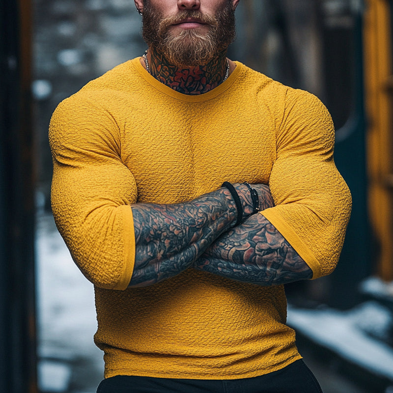 Men's Solid Color Textured Round Neck Long Sleeve T-Shirt MTA3089D3X