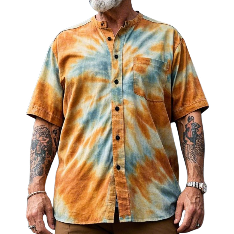 Men's Casual Fashion Round Neck Tie-dye Printed Cotton Blend Short-sleeved Shirt 34850474F