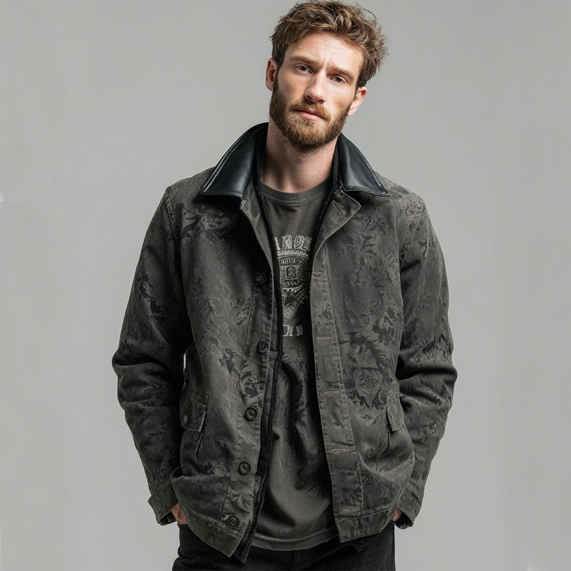 Men's Vintage Dark Print And PU Leather Collar Button Jacket MTA2151J4U