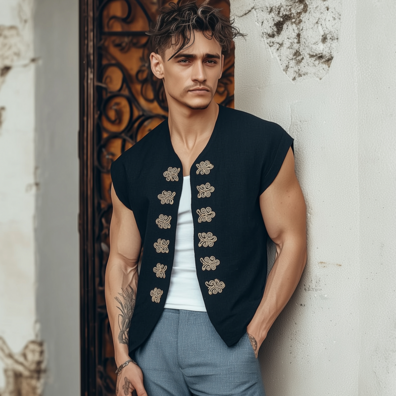 Men's Vintage Embroidered Cotton Blended Collarless Loose Short Sleeve Shirt Cardigan MTA2764F3M