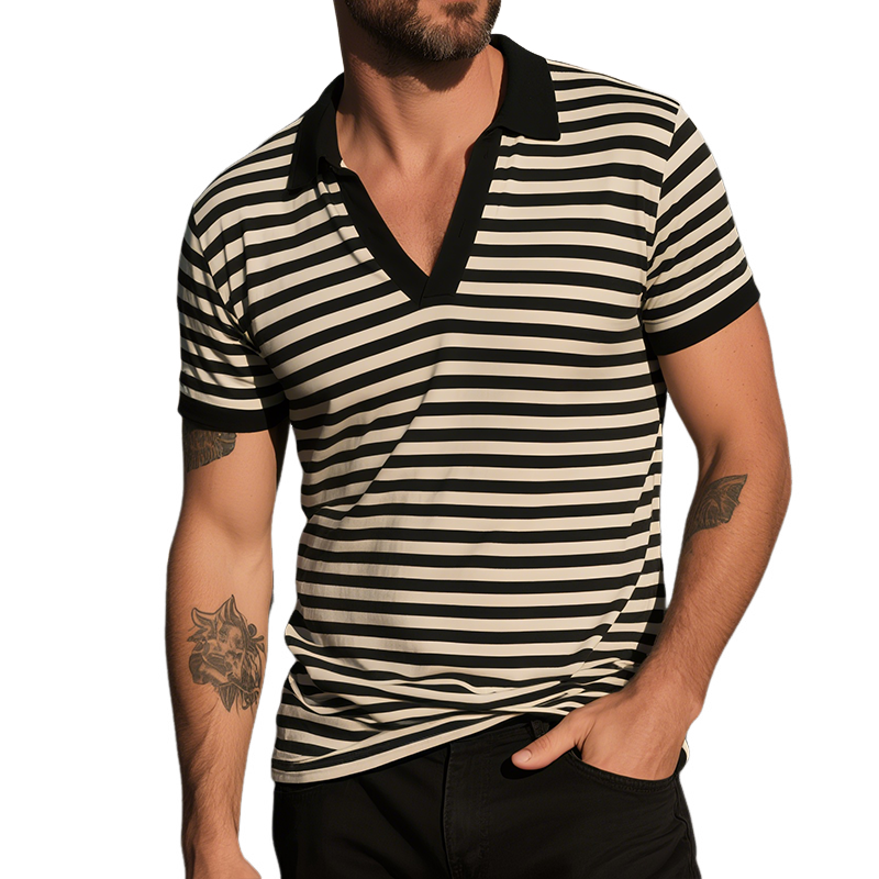 Men's Retro Casual Striped Print Lapel Short Sleeve T-Shirt MTA1677G6TO