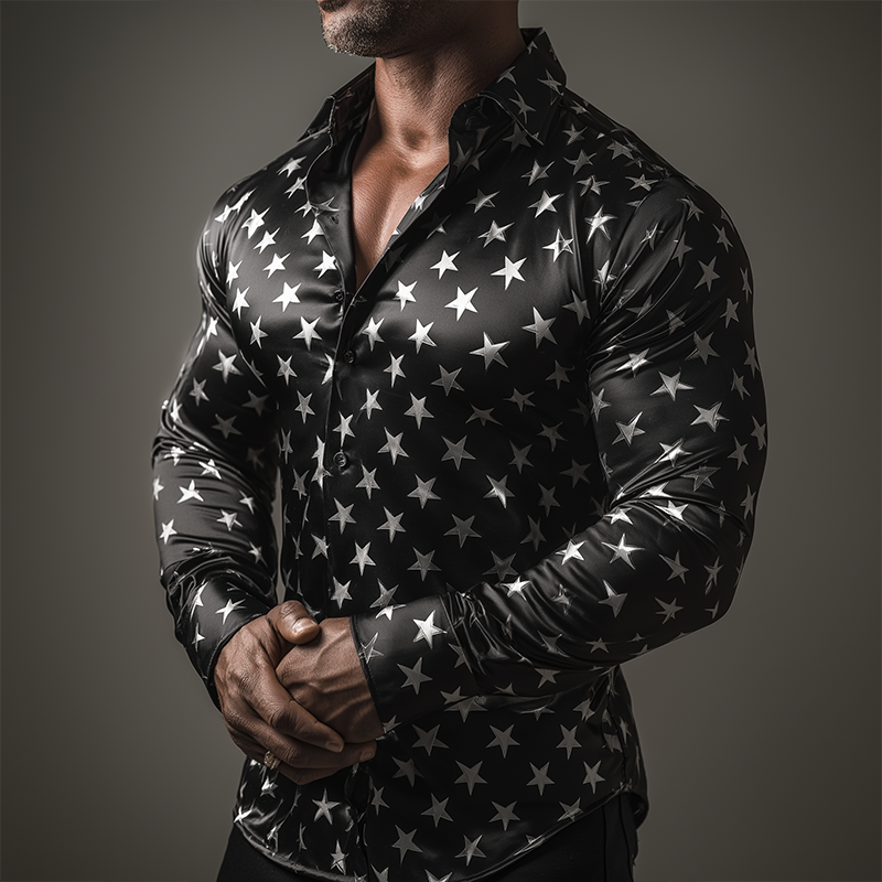 Men's Retro Casual Star Print Satin Lapel Long Sleeve Shirt MTA3045G2TO