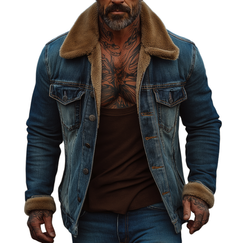Men's Retro Casual Plush Splicing Lapel Denim Washed Jacket MTA2192H9TO