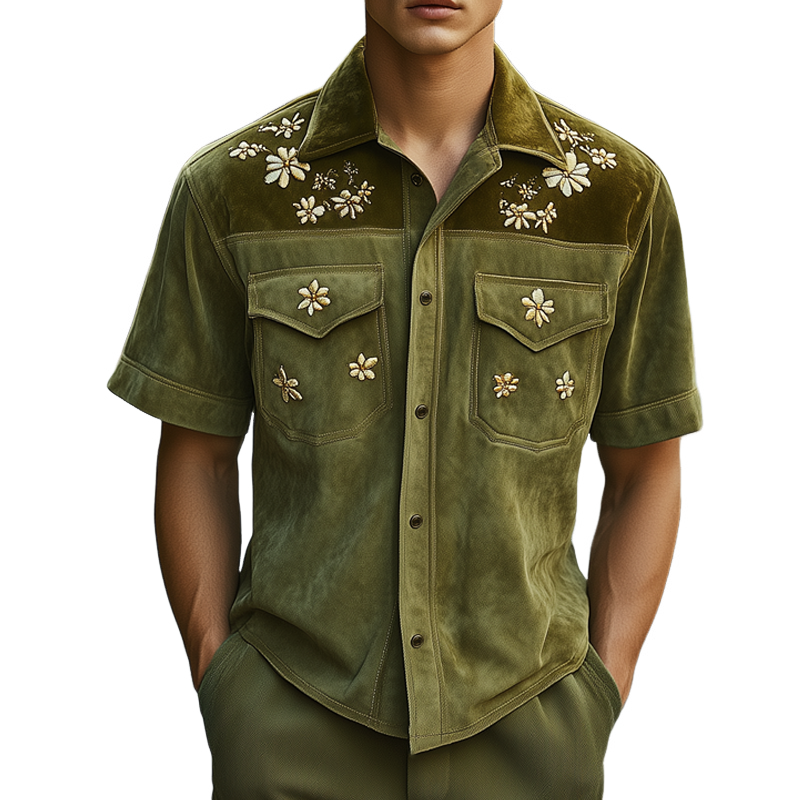 Men's Summer Floral Embroidery Colorblock Suede Short Sleeve Shirt MTA0707F3U