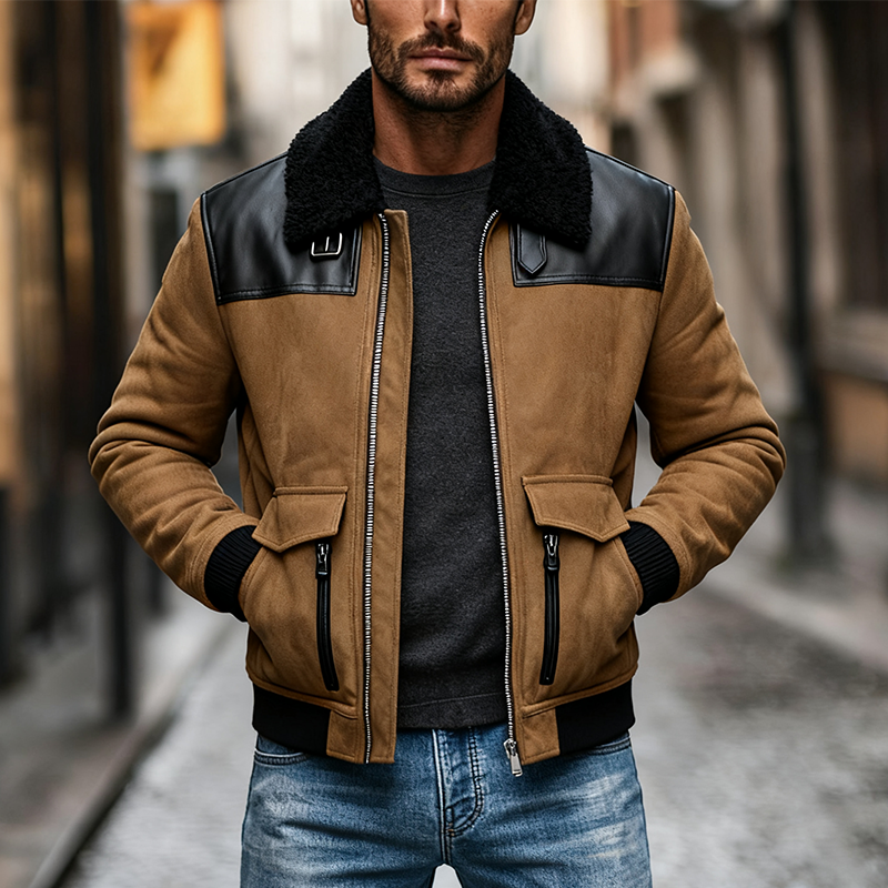 Men's Faux Suede And PU Lapel Zipper Jacket MTA1794J0X