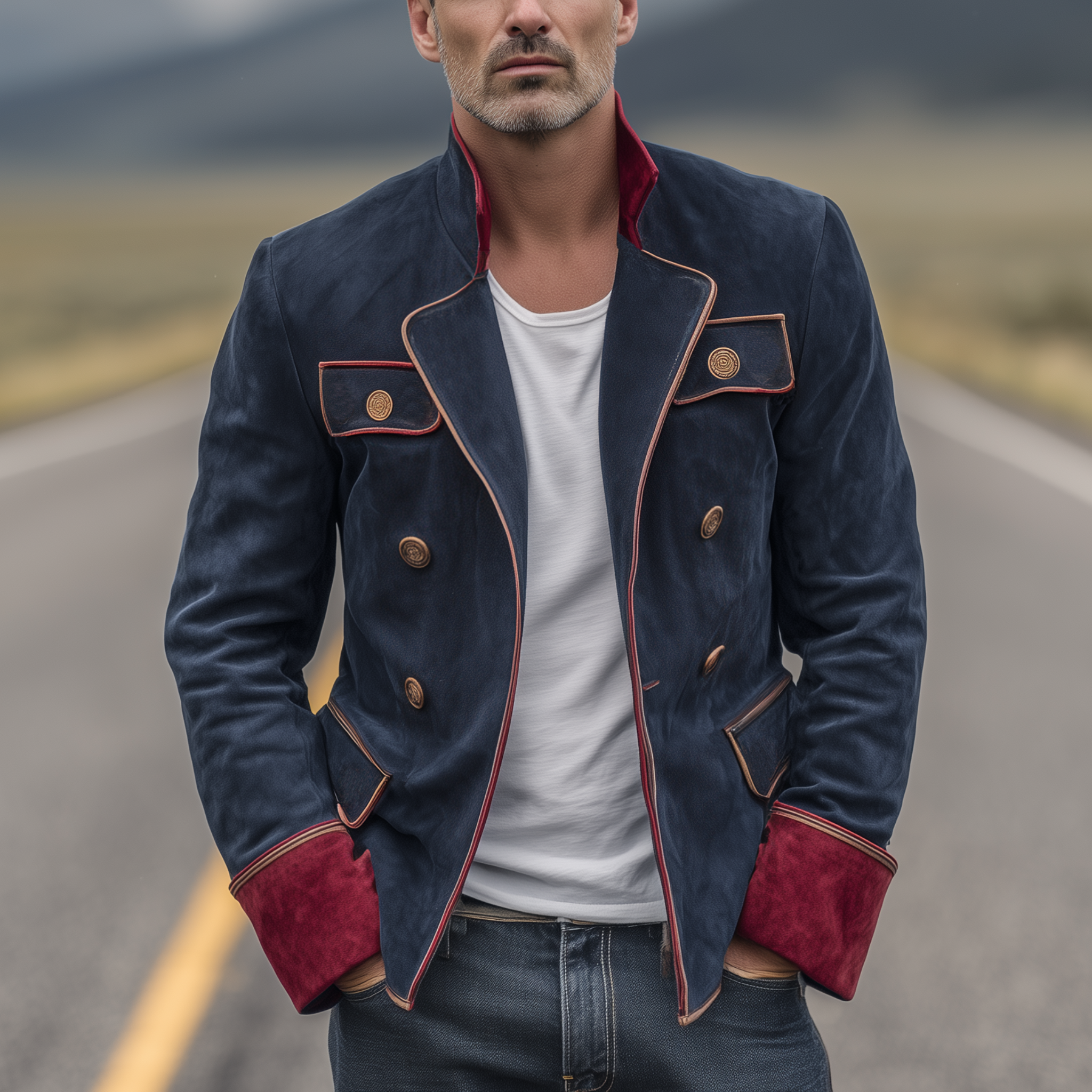 Men's Classic Vintage Double Breasted Lapel Contrast Suede Jacket MTA2796H7K