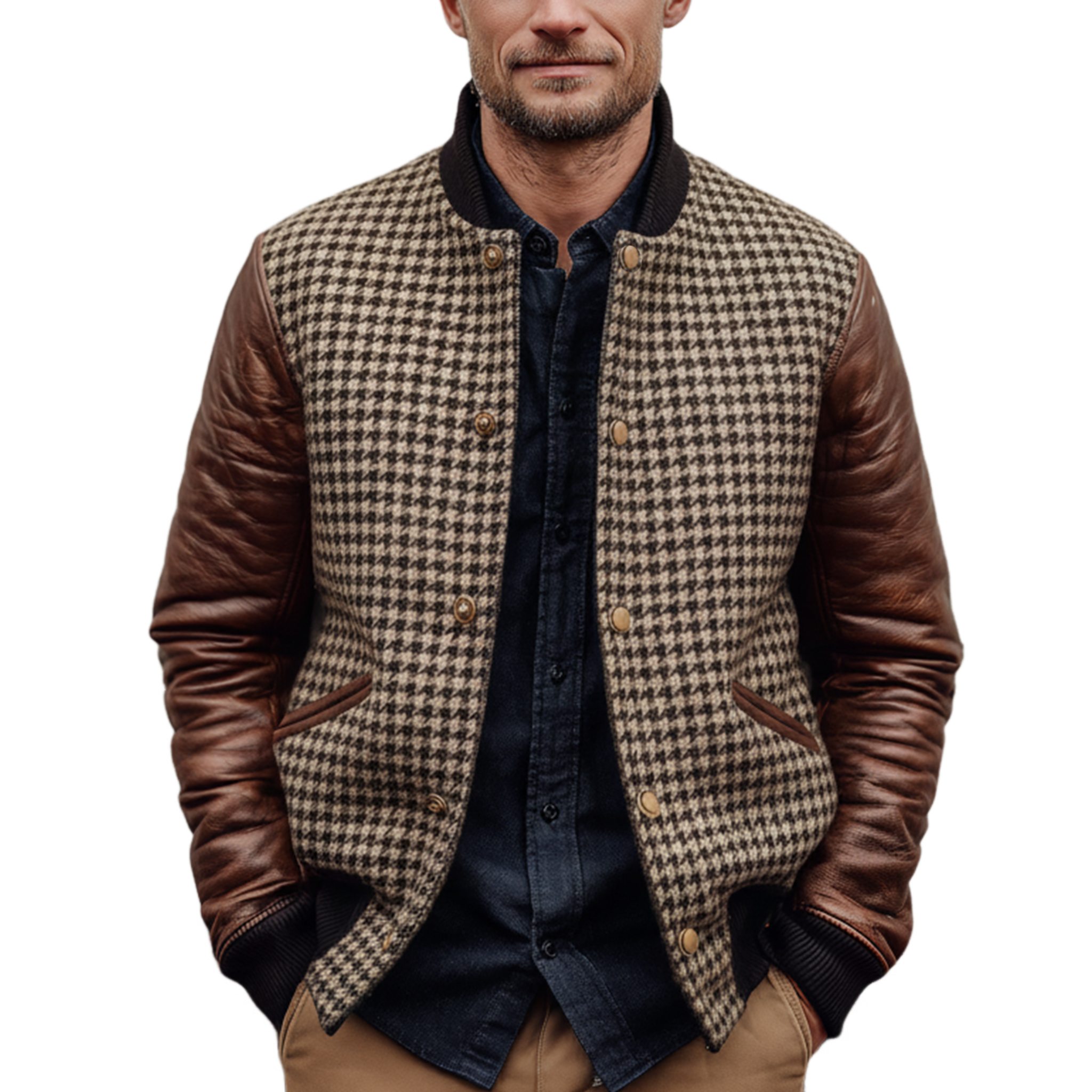 Men's Classic Casual Sleeves Stitching PU Leather Button Imitation Houndstooth Flight Jacket MTA2108J4K