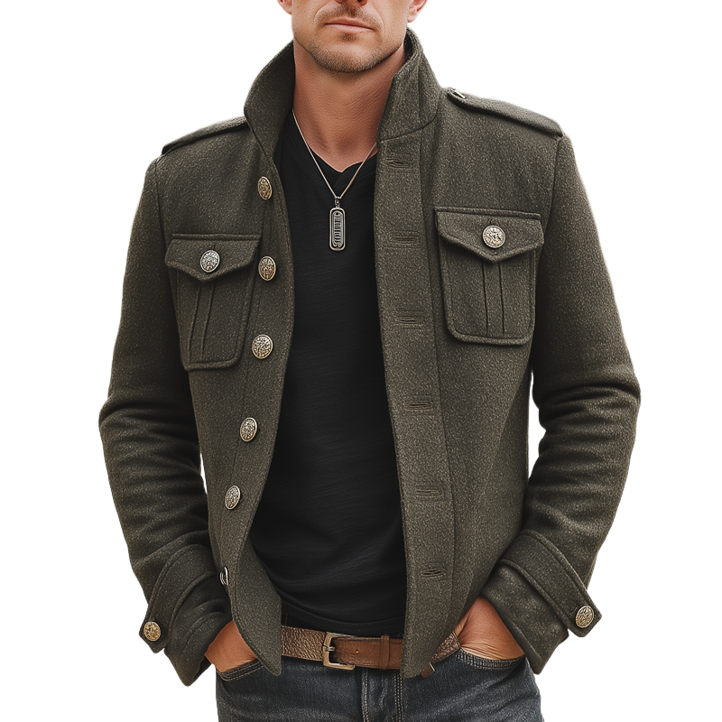 Men's Classic Army Green Stand-up Collar  Faux Woolen Jacket MTA1551K2U