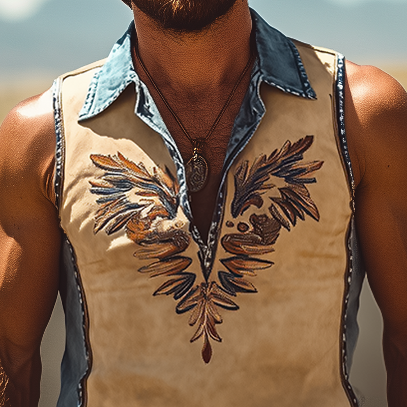 Men's Summer Fashion Retro Western Cowboy Style Denim Stitching Suede Embroidered Tank Top MTA2897D8K