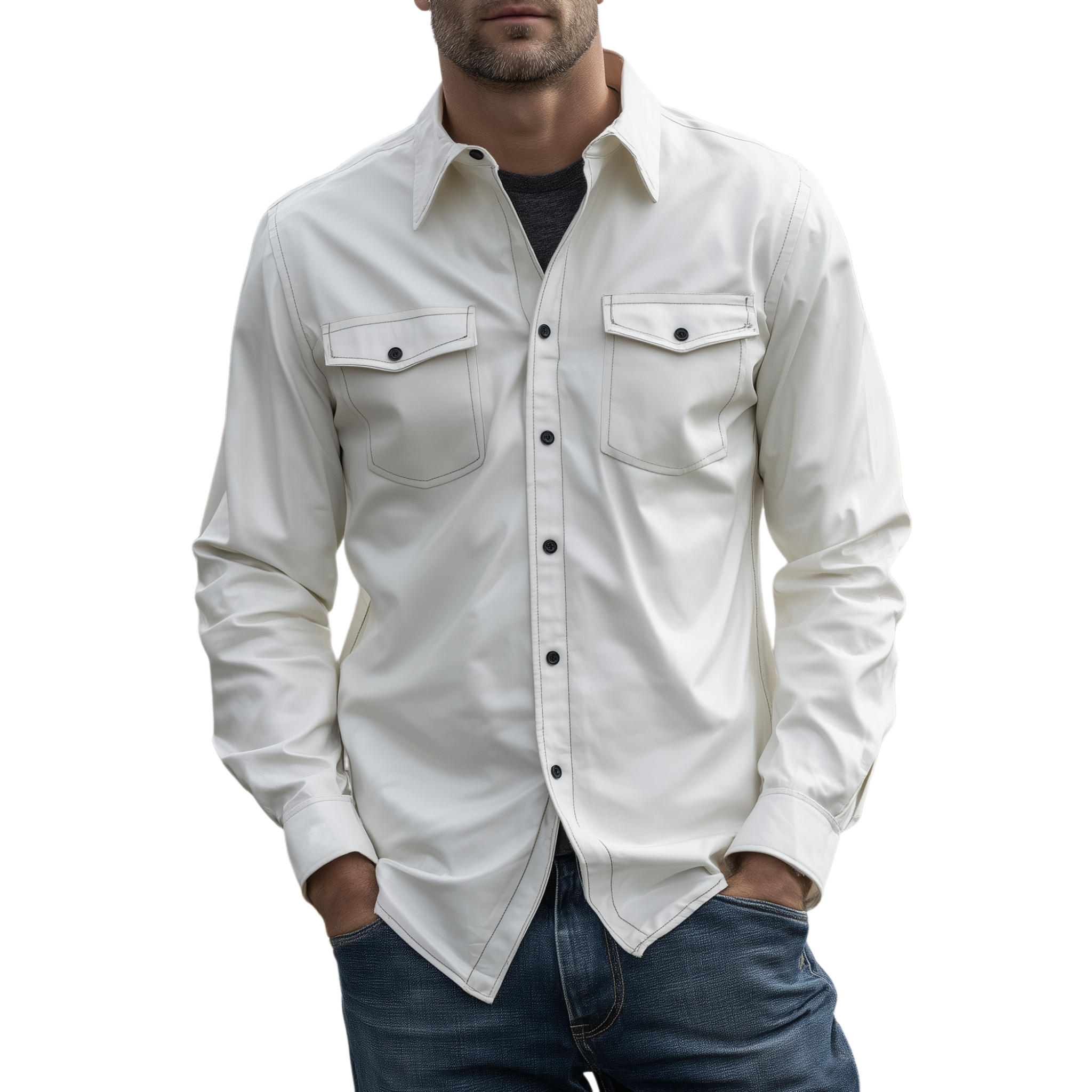 Men's Classic Casual PU Leather Lapel Long-sleeved Shirt MTA0232H6K