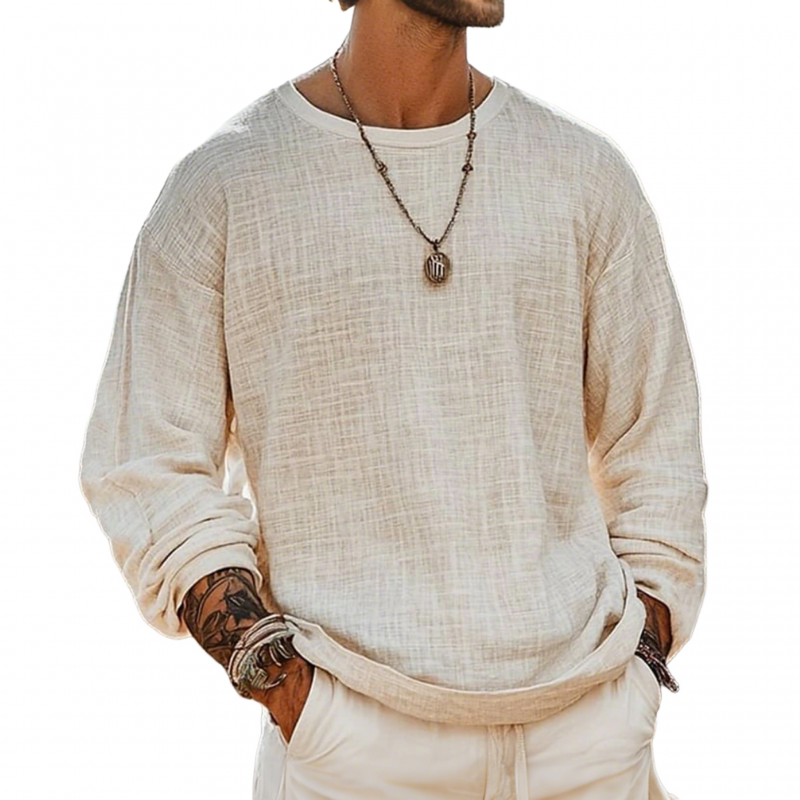 Men's Casual Breathable Cotton Linen Round Neck Loose Long-sleeved T-shirt MTA1506G6M