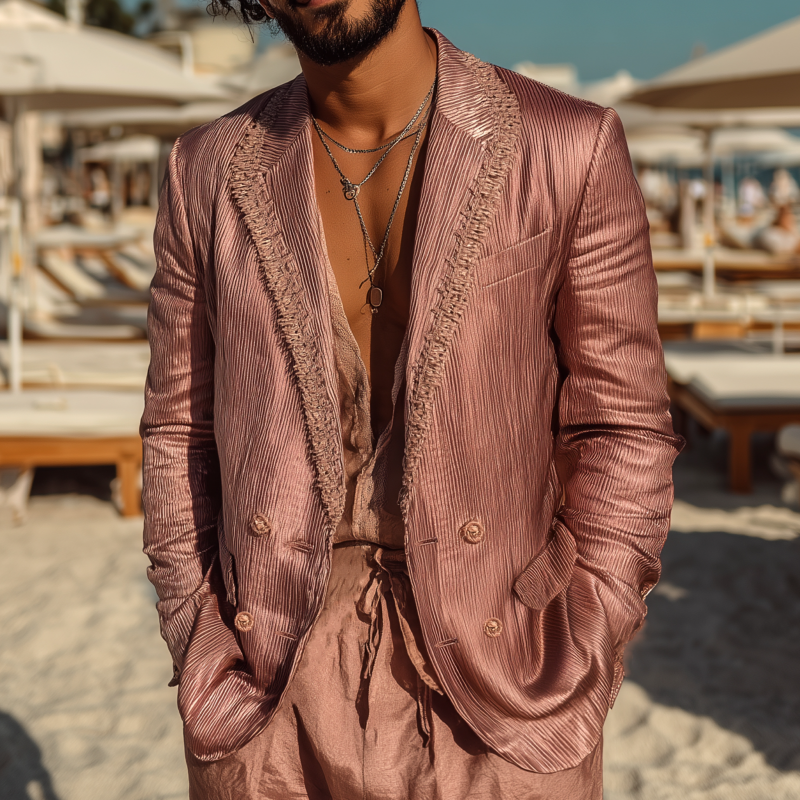 Men's Casual Glossy Striped Tassel Patchwork Notch Lapel Double-breasted Slim-fit Blazer MTA1725G5M