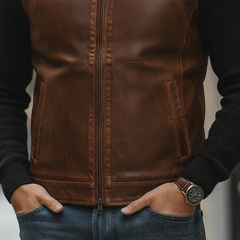 Men's Retro Distressed PU Faux Leather Zipper Sleeveless Vest MTA2332L8P