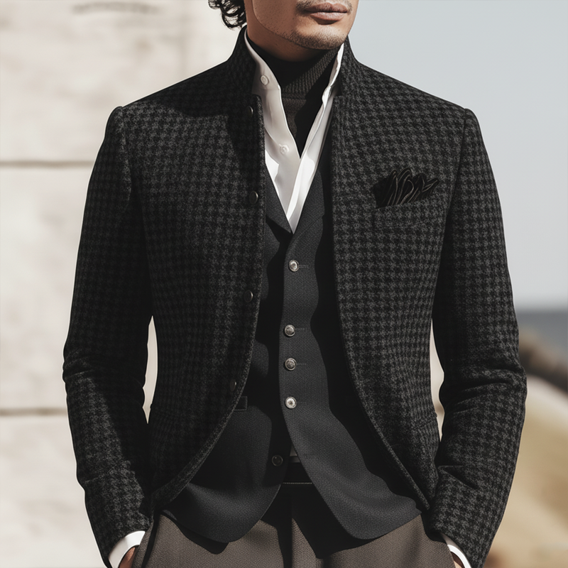 Men's Business Stand-collar Dark Gray Houndstooth Double-vented Jacket MTA0913L5U