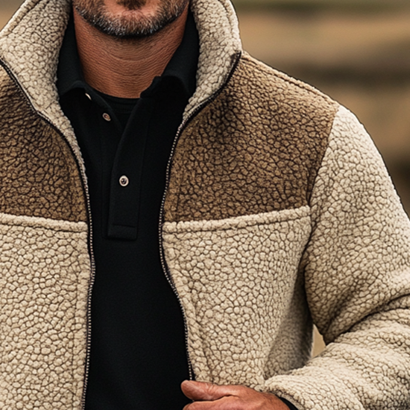 Men's Contrast Color Vintage Polar Fleece Lapel Zip-Up Jacket MTA1156J9X