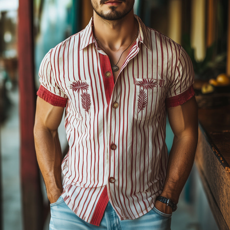 Men's Summer Red Striped Leaves Embroidered Short Sleeve Shirt MTA1014E3U
