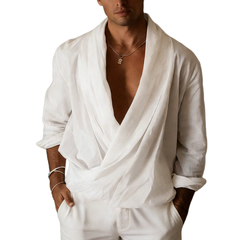 Men's Lightweight Elegant Crossover V-Neck Cotton Blend Long-Sleeve T-Shirt MTZ1447A6U