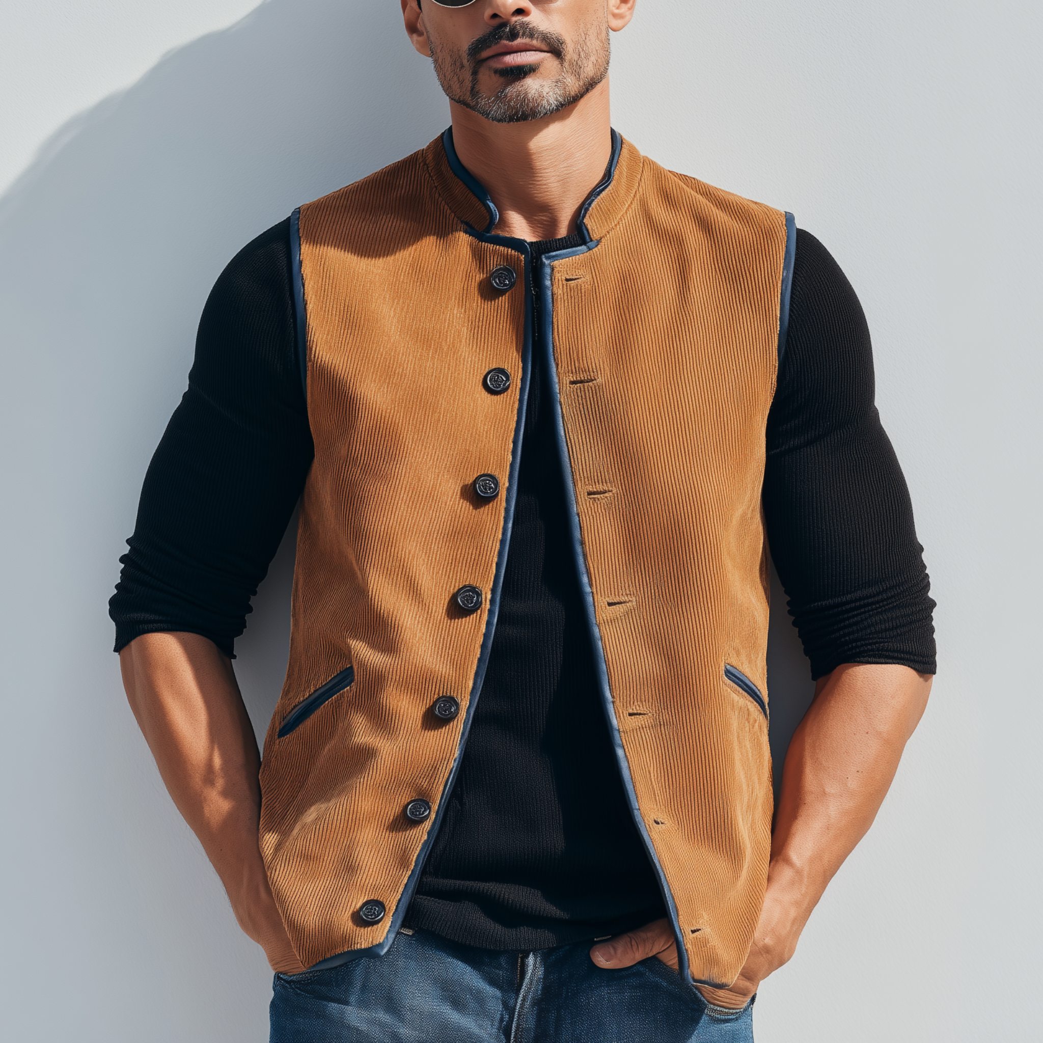 Men's Classic Retro Stand-up Collar Contrasting Color Binding Corduroy Vest MTA3174G4K