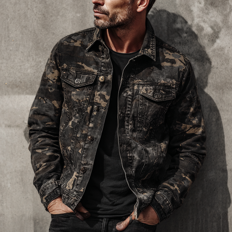 Men's Vintage Camouflage Print Lapel Multi-Pocket Jacket MTA1301H4X