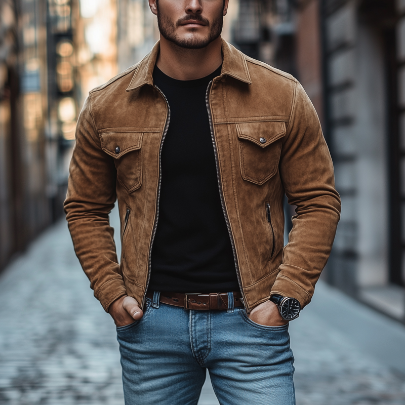 Men's Vintage Solid Color Faux Suede Lapel Zipper Placket Slim Fit Cropped Motorcycle Jacket MTA1259H0M