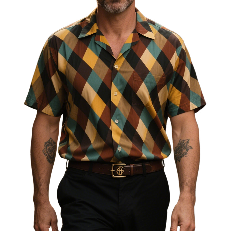 Men's Retro Casual Plaid Print Lapel Short Sleeve Shirt MTA1057G4TO