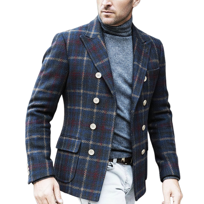 Men's Classic Business Plaid Double-Breasted Blazer MTA1519J6U