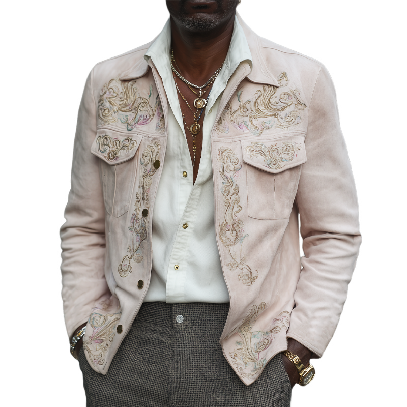 Men's Exquisitely Embroidered Light Pink Suede Jacket MTA2197H8U